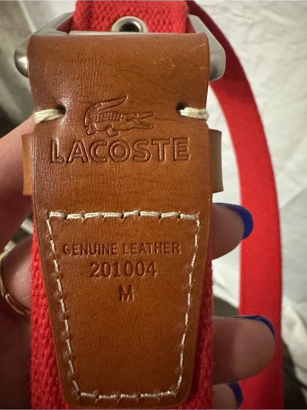 Lacoste Red Canvas Belt with Brown Leather Loop and Silver Buckle